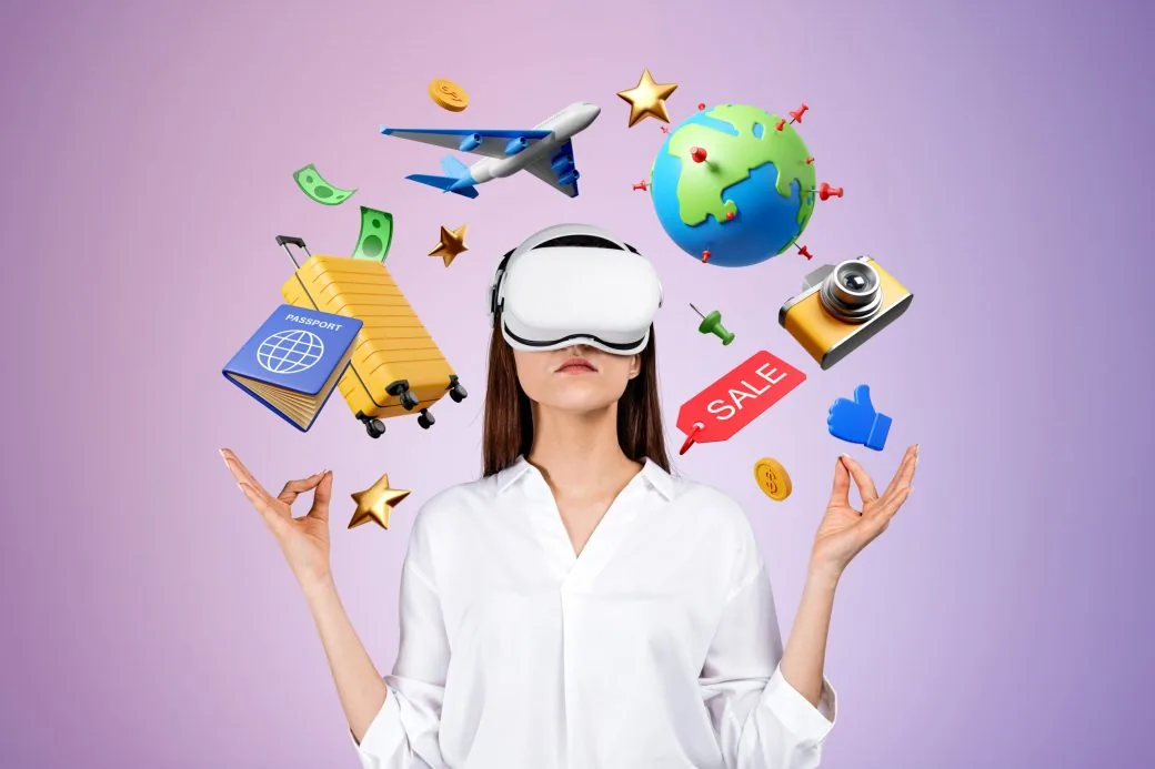 A woman wearing a virtual reality headset surrounded by floating icons of a suitcase, passport and plane.