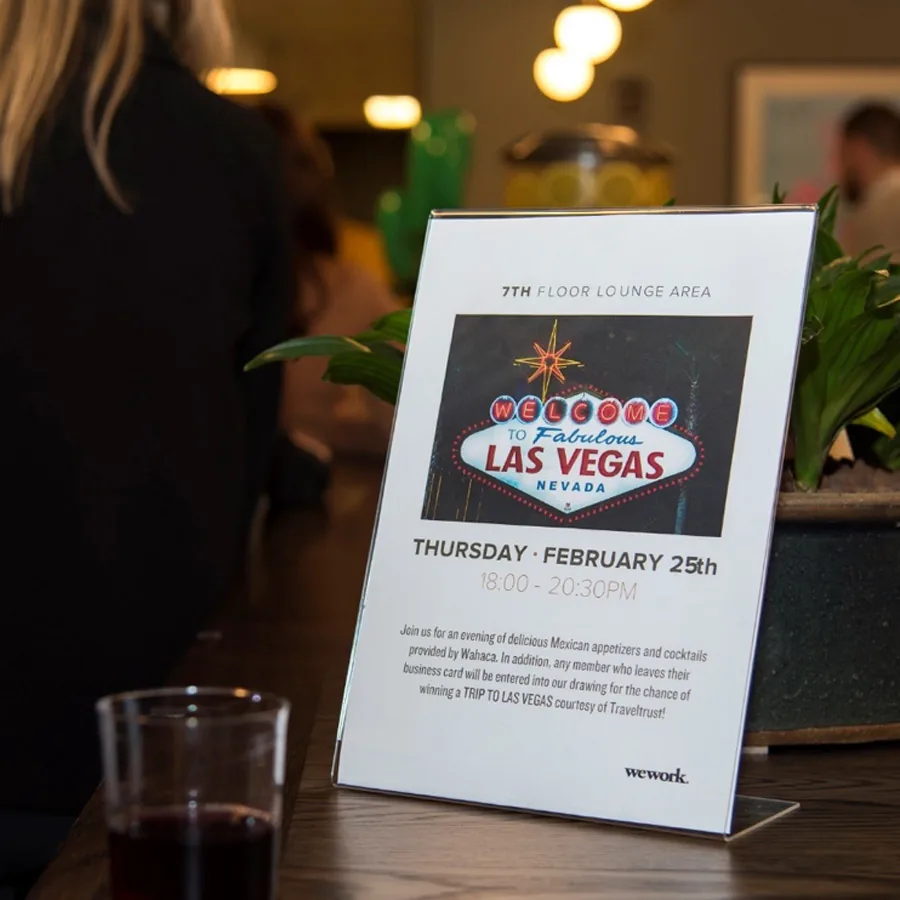Flyer for the Traveltrust London launch party at WeWork, with a prize draw for a trip to Las Vegas.