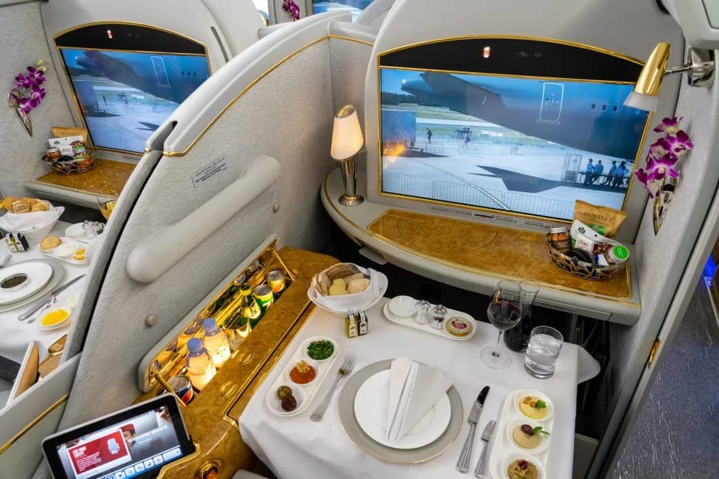 A luxury aircraft suite with a dining table set for a meal, gold trim and orchid decorations.