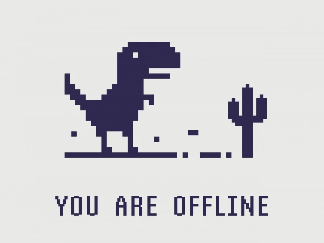 A pixel-art dinosaur beside a cactus in a desert scene with the words you are offline.