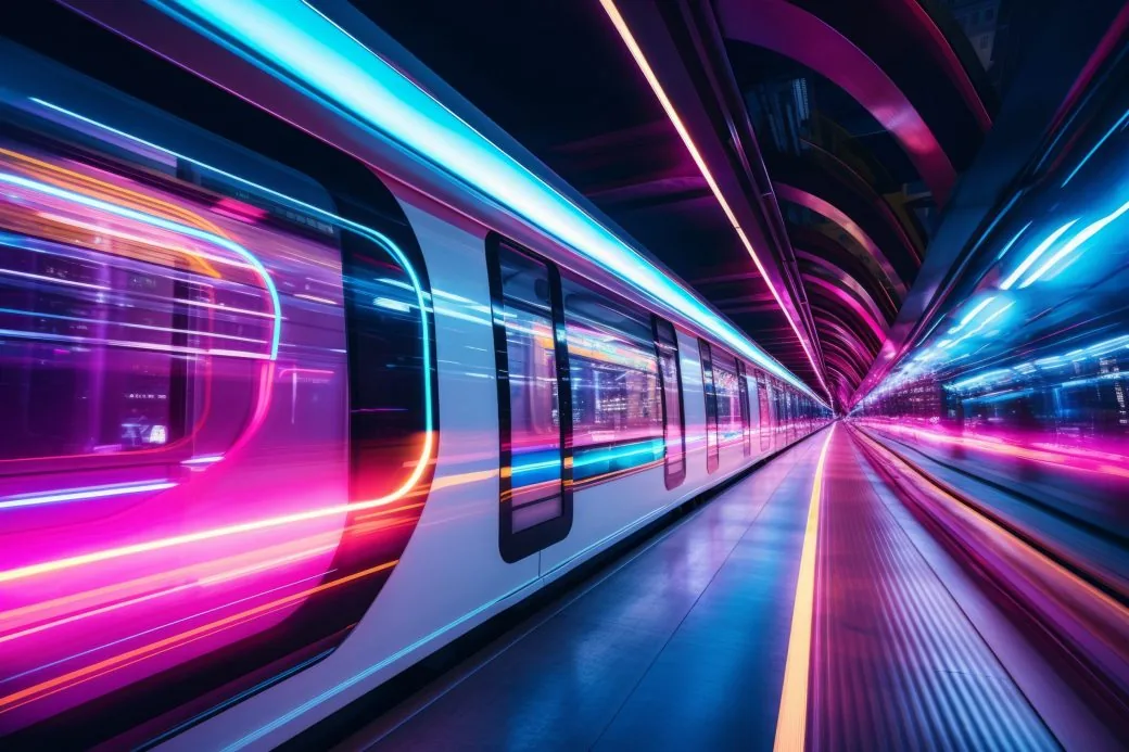 A train speeding through a station with vivid blue and pink light trails from long exposure.