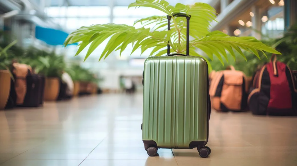 A green suitcase with tropical leaves sprouting from its handle in an airport terminal.
