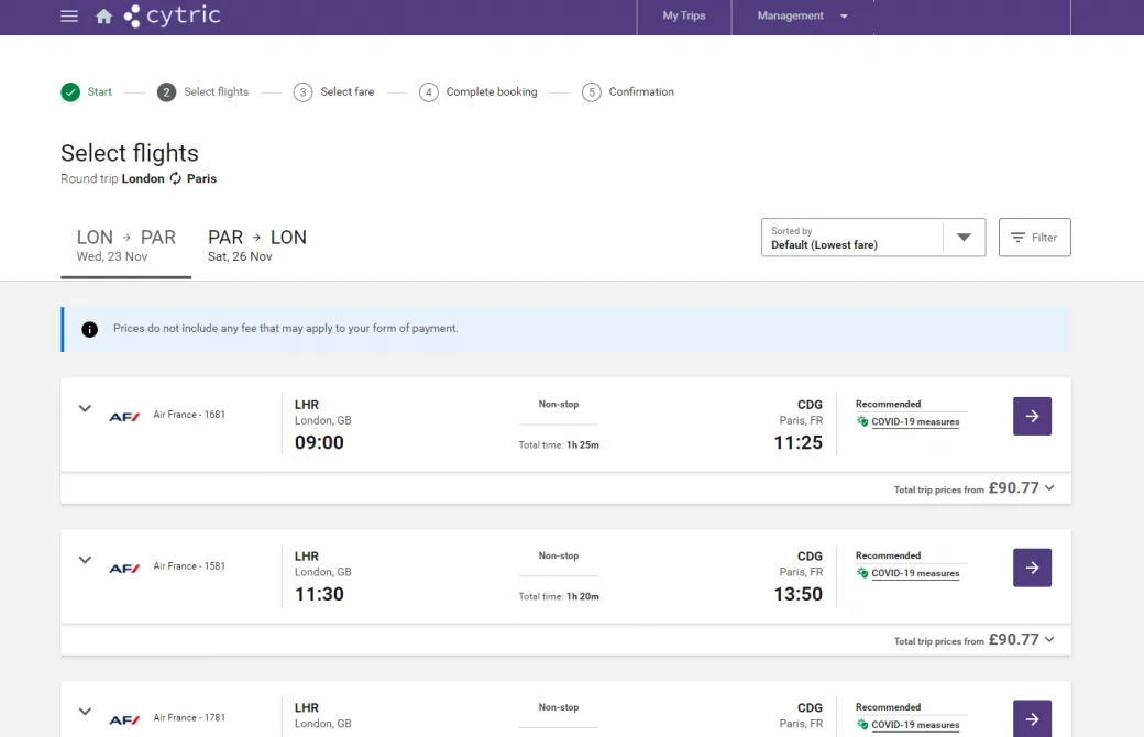 A flight booking website showing a list of London to Paris flights with times and fares.