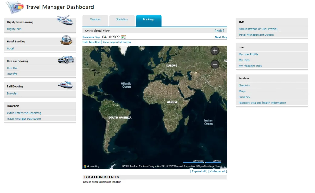 A travel manager dashboard showing booking menu links beside a world map with a bookings panel open.