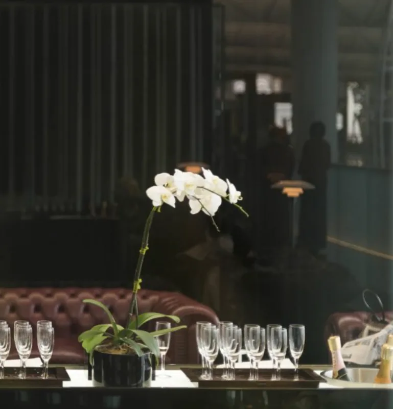 Rows of champagne glasses and an orchid on a table in a dimly lit airport lounge with leather sofas.